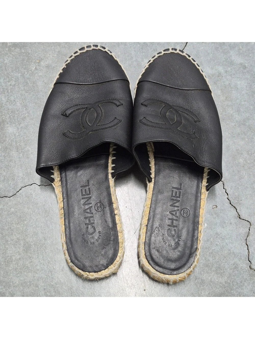 Chanel Black Leather CC Espadrille Mules Slip-Ons